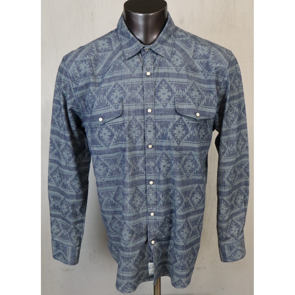 Mens Lucky Brand Blue Shirt XL Button Front Cotton Denim Native Aztec Pearl Snap